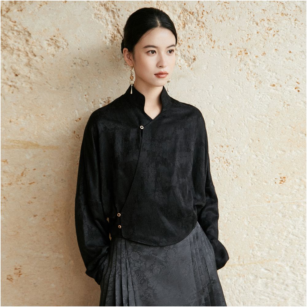 Anytime Lin Jin Rayon Linen Blend New Chinese Style Jacquard Subtle Pattern Small V Neck Elegant Shirt image 9
