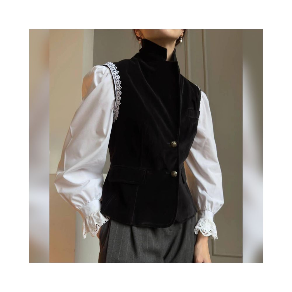 European style high end white shirt black high neck vest spring 2025 new fashionable and slimming outfit image 6