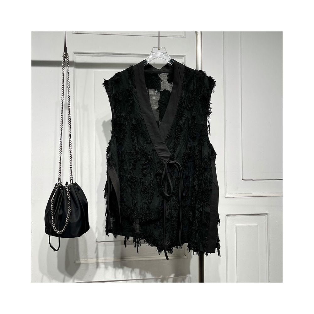 Fashionable design tie V neck jacquard thin transparent vest women s 2023 summer new high end niche mid length top image 0
