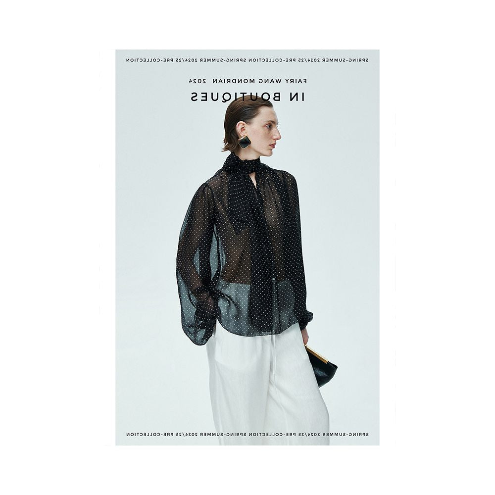 2025 Early Spring New Mulberry Silk Retro Style Polka Dot Ribbon Long Sleeve Silk Shirt Top for Women image 0