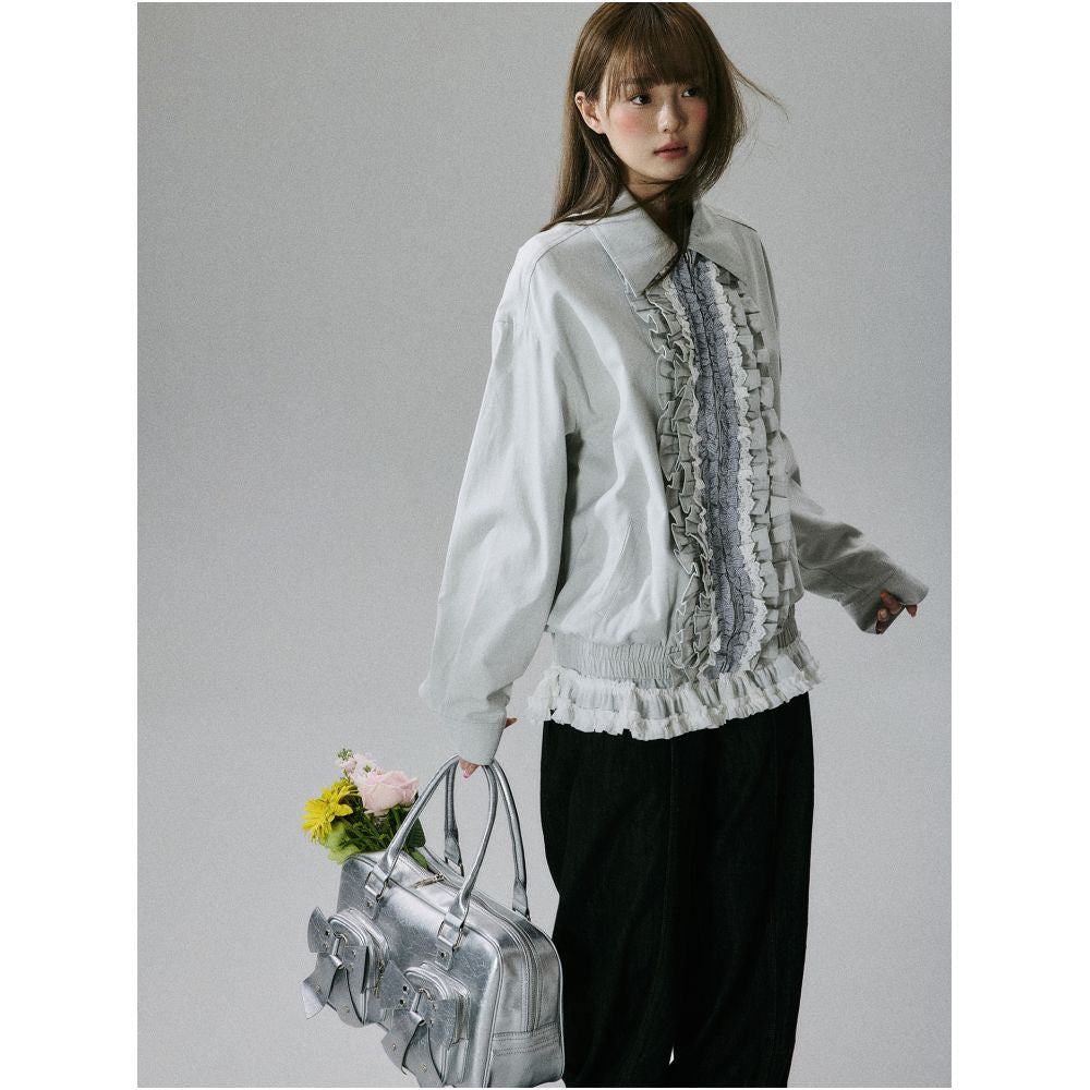 LOST FOREST Lazy Holiday Sweet Girlish Casual Lace Single Layer Cotton Jacket with Ruffled Trim image 3