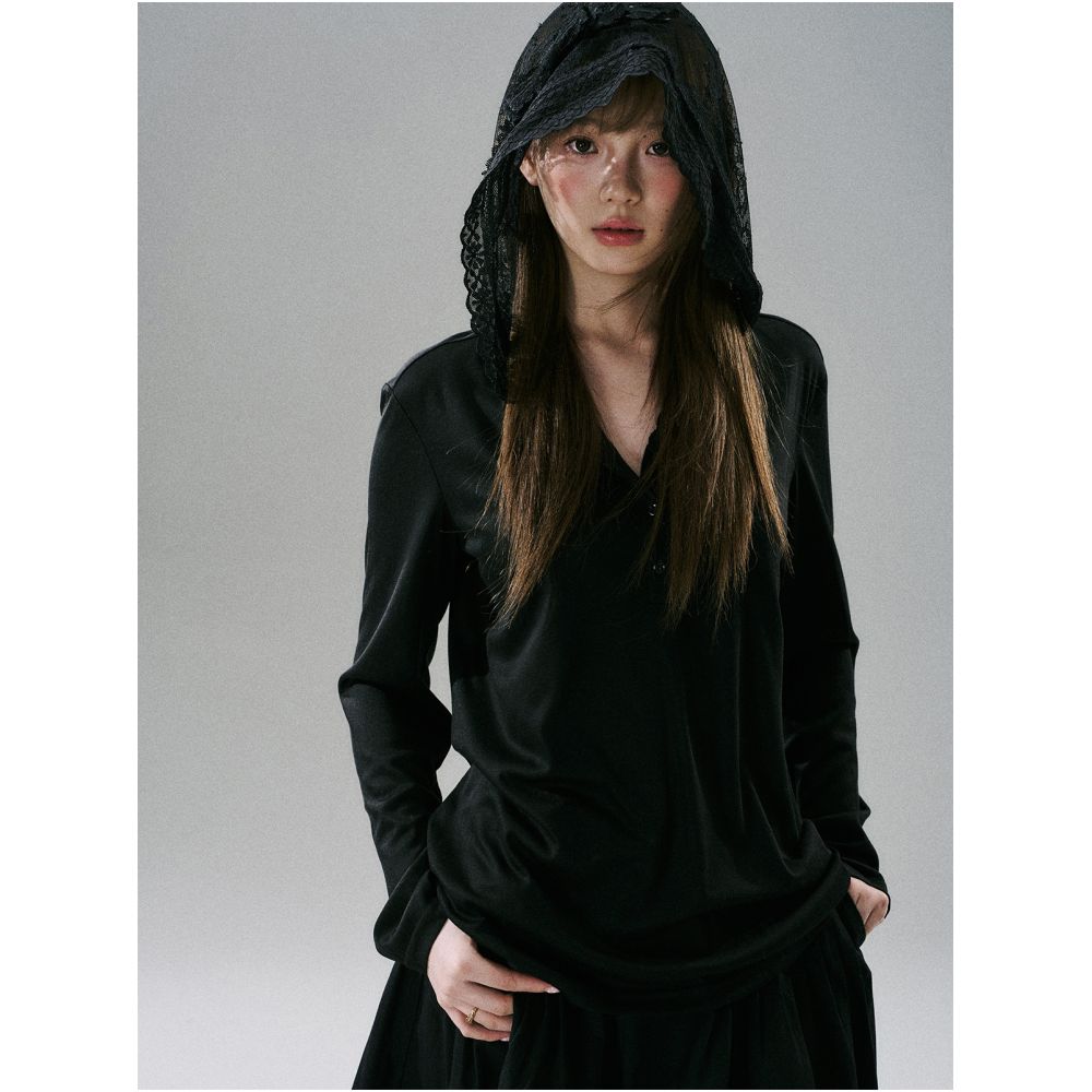 LOST FOREST Lace Bow Hat Black Long Sleeve Lyocell Loose Bottom Shirt Sweet Girl New image 6
