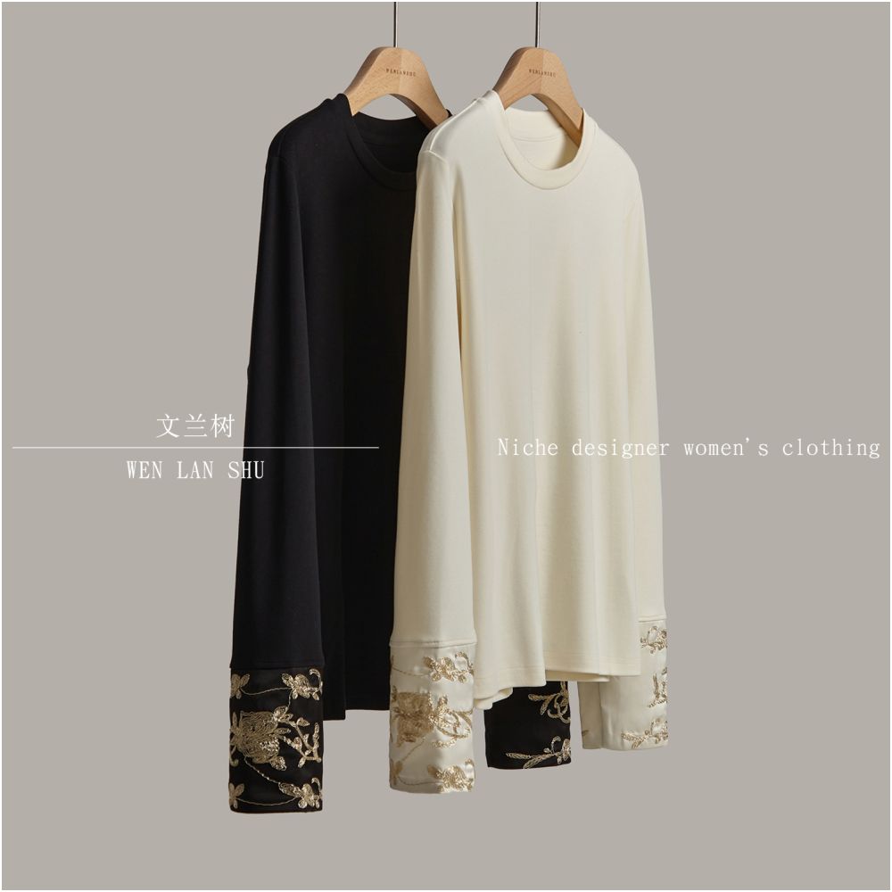 2025 Early Autumn Women s Clothing Chinese Style New Chinese Style Gilded Gold Embroidered Spliced Sleeve Long Sleeve T shirt with Inner Undercover Top image 1