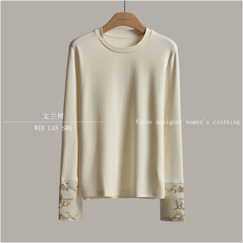 2025 Early Autumn Women s Clothing Chinese Style New Chinese Style Gilded Gold Embroidered Spliced Sleeve Long Sleeve T shirt with Inner Undercover Top image 11
