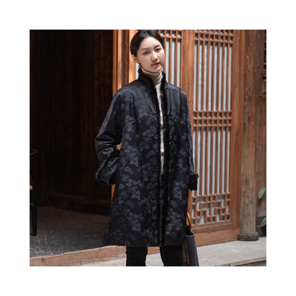 Silk jacquard Chinese style open collar mink fur medium long style retro loose winter cotton coat Tang style women s coat image 8
