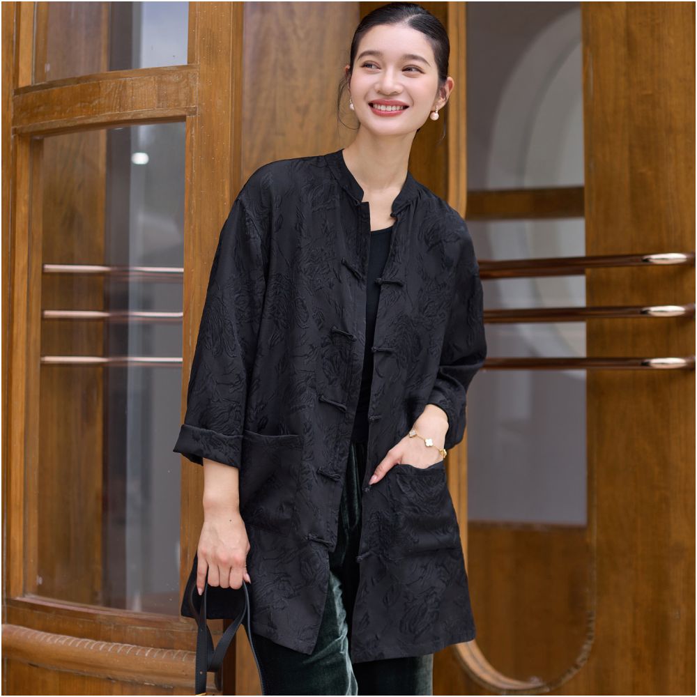 Phietang silk wool jacquard Chinese style open collar mid length Chinese retro loose single garment Tang style women s autumn top image 1