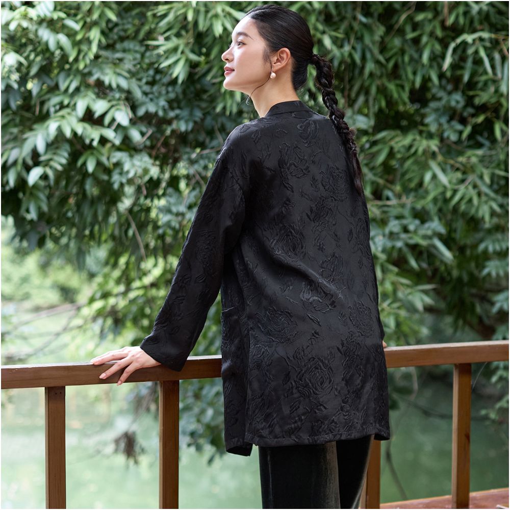 Phietang silk wool jacquard Chinese style open collar mid length Chinese retro loose single garment Tang style women s autumn top image 2