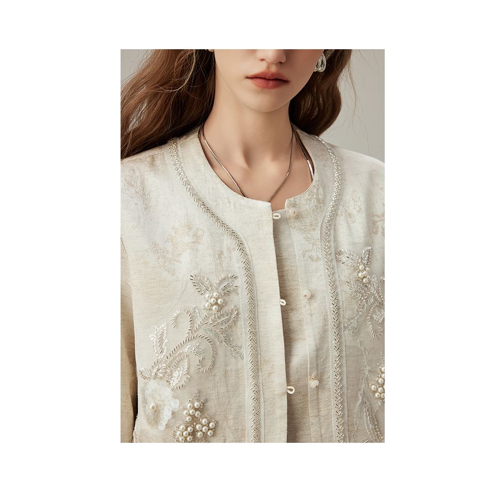 DFVC linen new Chinese style short jacket for women autumn 2025 new heavy industry nail bead loose top image 5