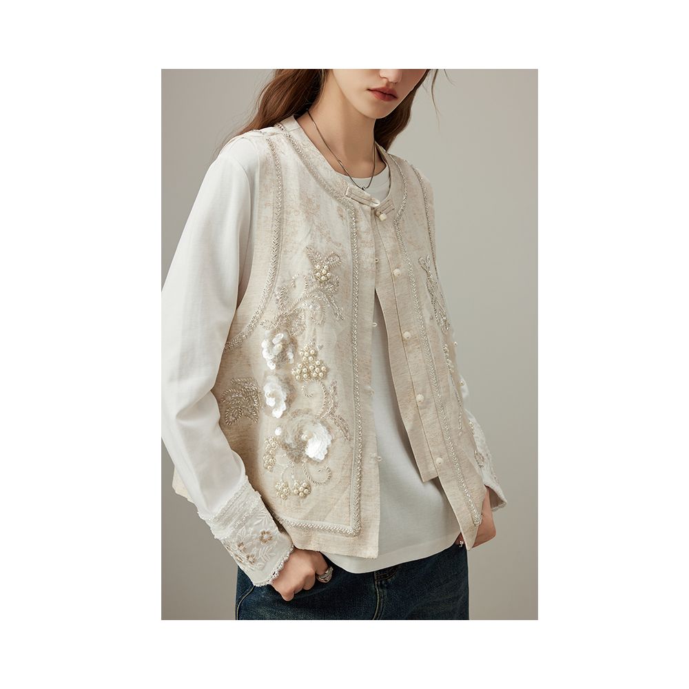 DFVC linen new Chinese style short jacket for women autumn 2025 new heavy industry nail bead loose top image 8