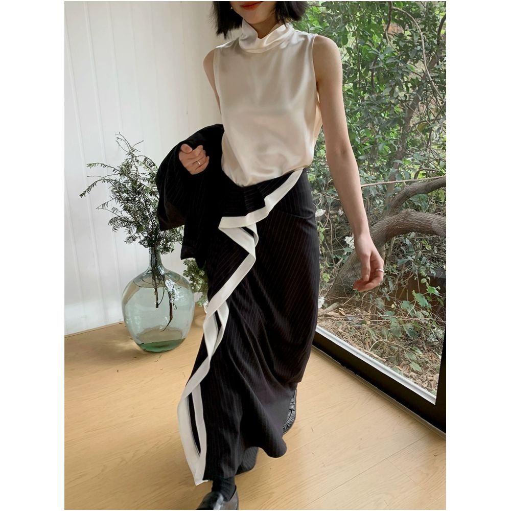 MUALLYCHEN outstanding posture runway striped wool suit long skirt agile ruffle edge wrapped hip skirt image 0