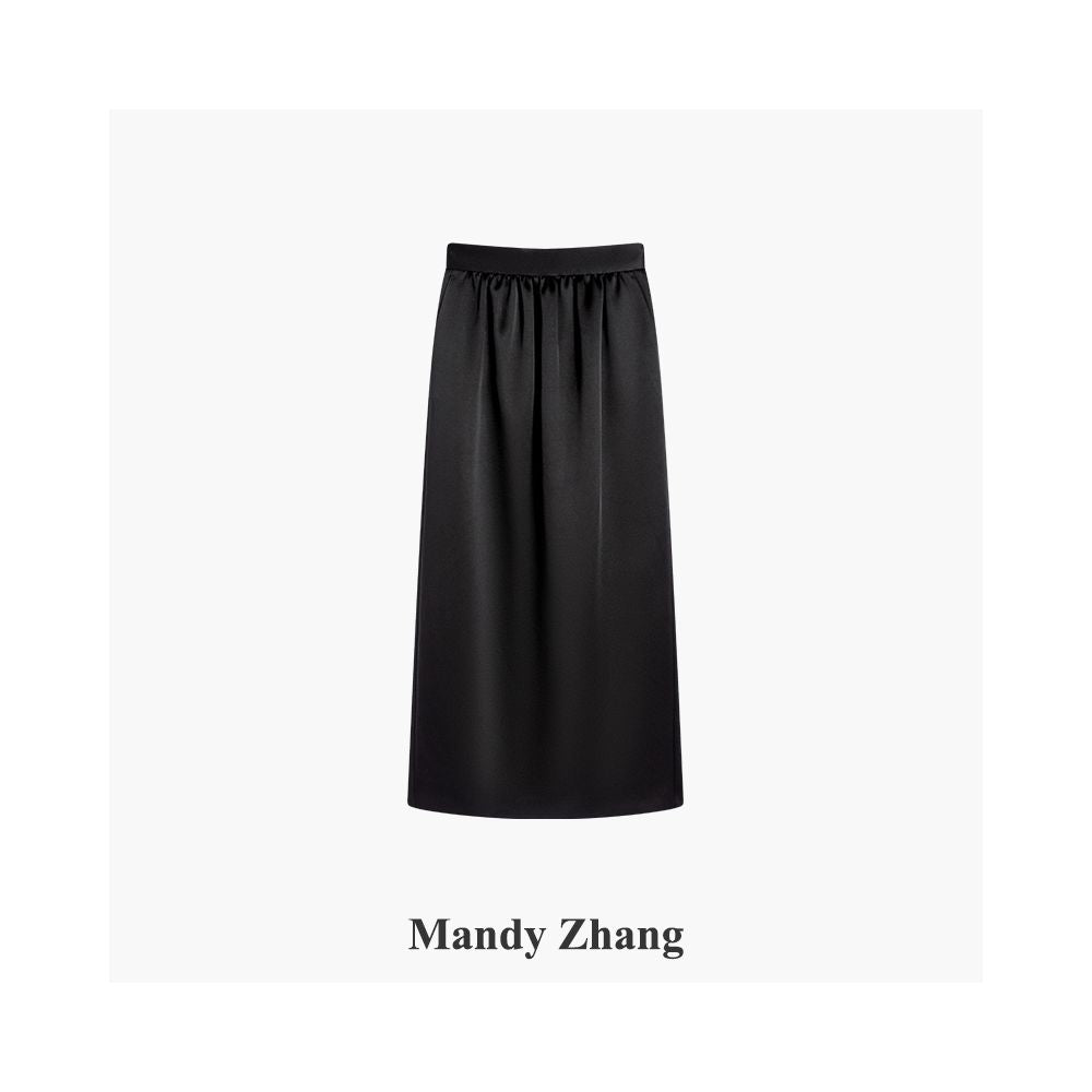 Mandy Zhang black satin pleated design flower bud straight tube skirt for women reducing age and slimming temperament skirt autumn image 5