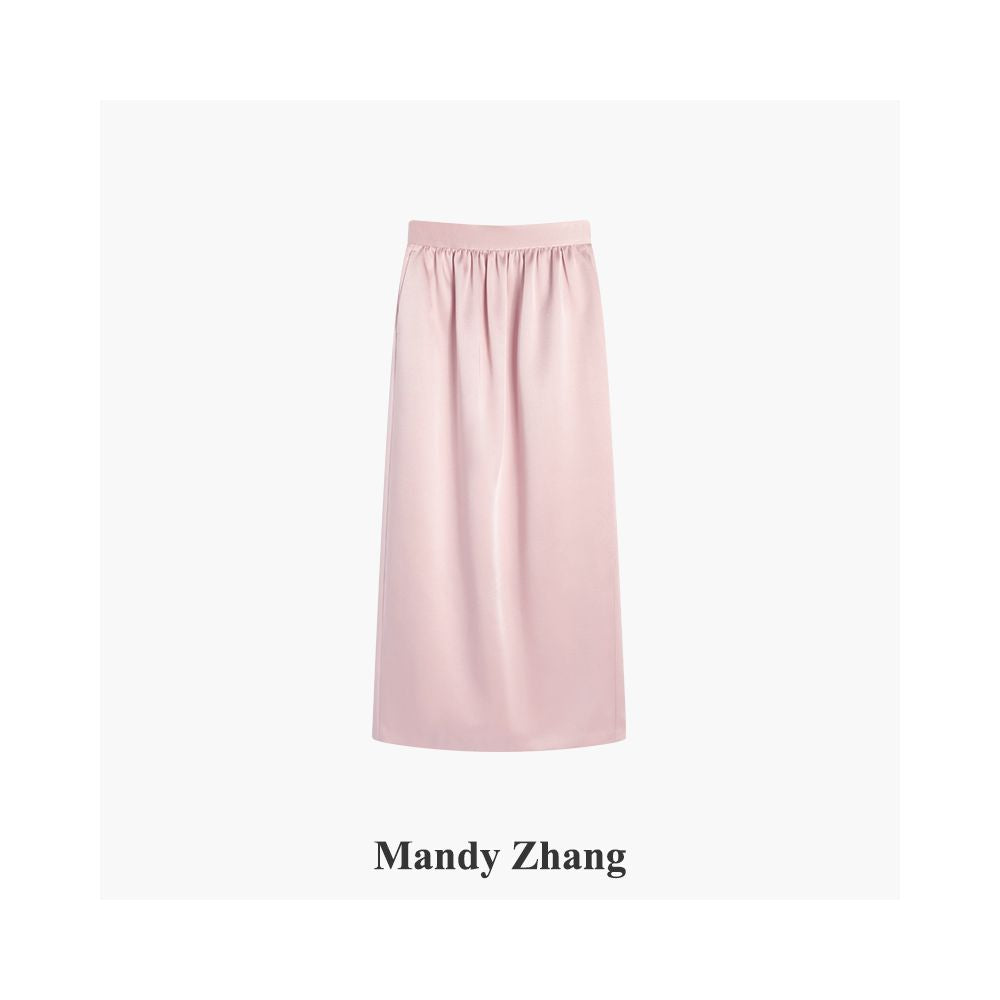Mandy Zhang black satin pleated design flower bud straight tube skirt for women reducing age and slimming temperament skirt autumn image 10