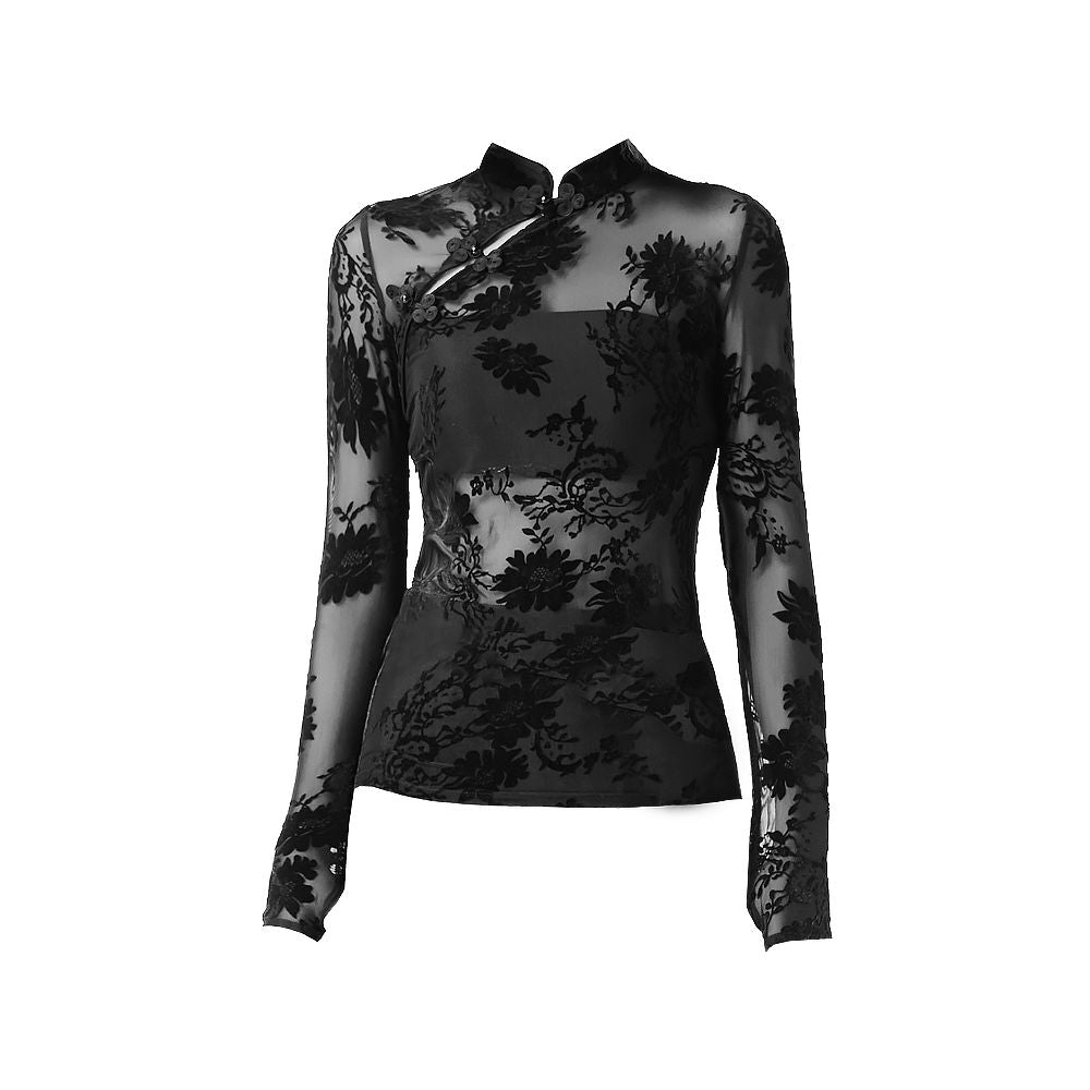 ASAYA5188 – Noir Sheer Velvet Cheongsam Top 🖤🌹