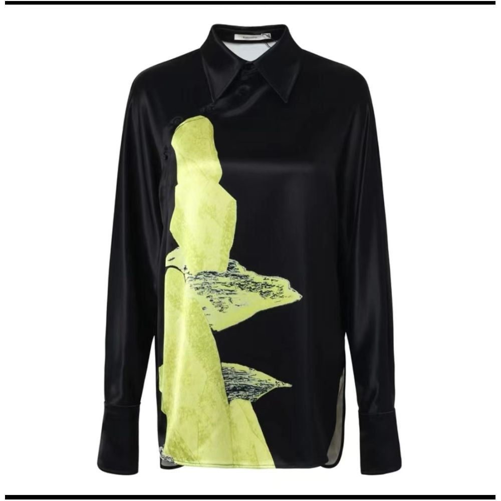 Same style Zhujia 2025 summer soft and smooth lightweight mulberry silk top with contrasting printed black silk shirt in the mall image 12