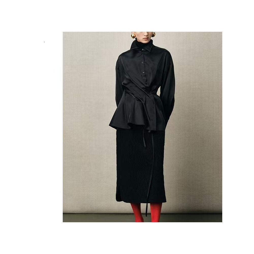 Same style as in shopping malls Zhu Jia 2025 Winter New Style Chinese Soft Irregular Pleated Black Collared Shirt image 0