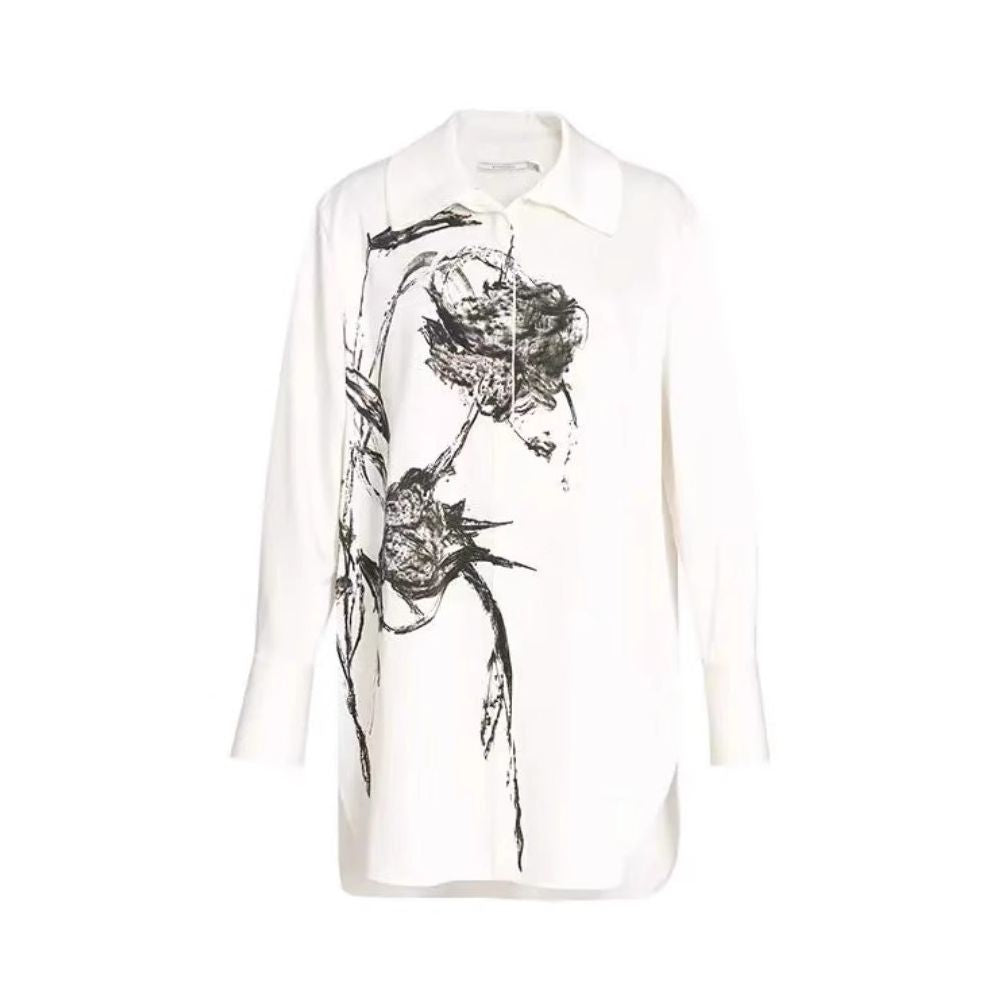 Same style as in shopping malls Zhu Jia 2025 Winter Black Satin Floral Pattern Loose Straight Satin Shirt Top image 5