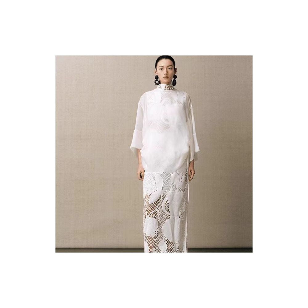 Same style as in shopping malls Zhu Jia 2025 Summer New White Zen New Chinese Style Round Neck Pleated Loose Silk Shirt Top image 1