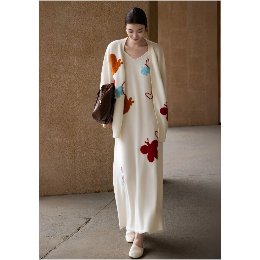 ZEROYK Relaxed Fashion Set High End 100 Wool Butterfly Knit Loose Cardigan and Slip Dress Two Piece Set image 0