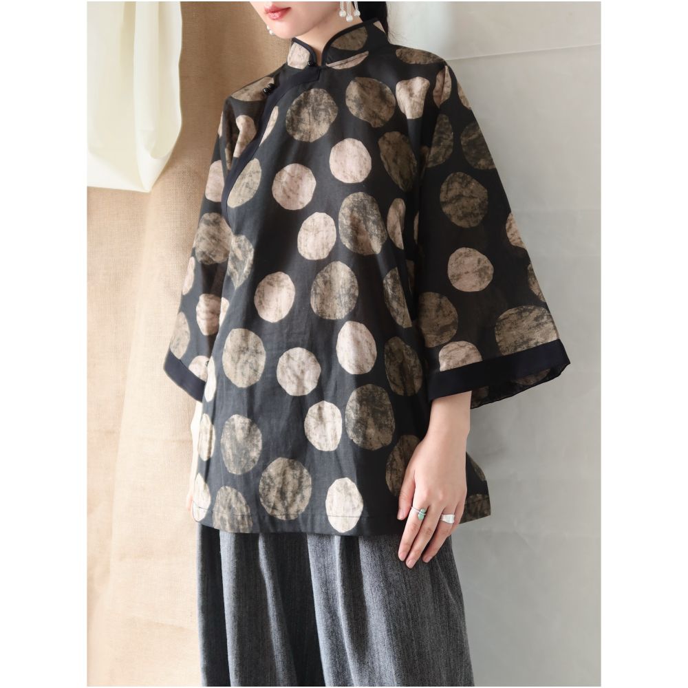 TAORAN Women s Traditional Chinese Style Modified Cheongsam Top Young Women s Black Polka Dot Shirt Linen Zen Inspired Tea Robe image 0