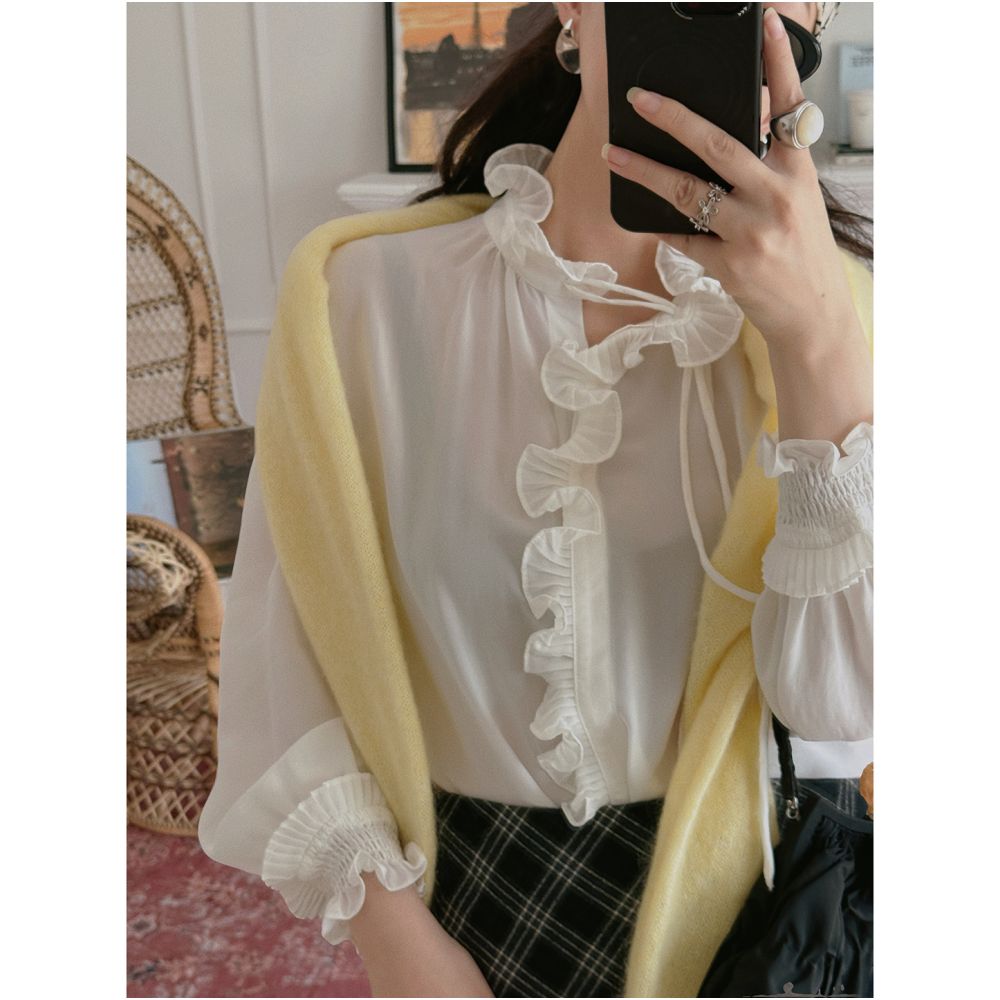 TOP Home Kan Qingzi Same Sweet and Soft French Retro Palace Mushroom Edge Long Sleeve Acetate Shirt for Women image 7