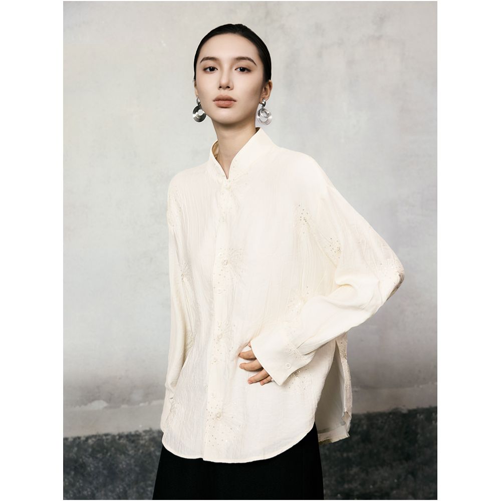 HECO Xingluo New Chinese Embroidered Flower Comfortable Cotton Long sleeved Shirt Women s Autumn and Winter Style Stand up Collar Shirt image 1