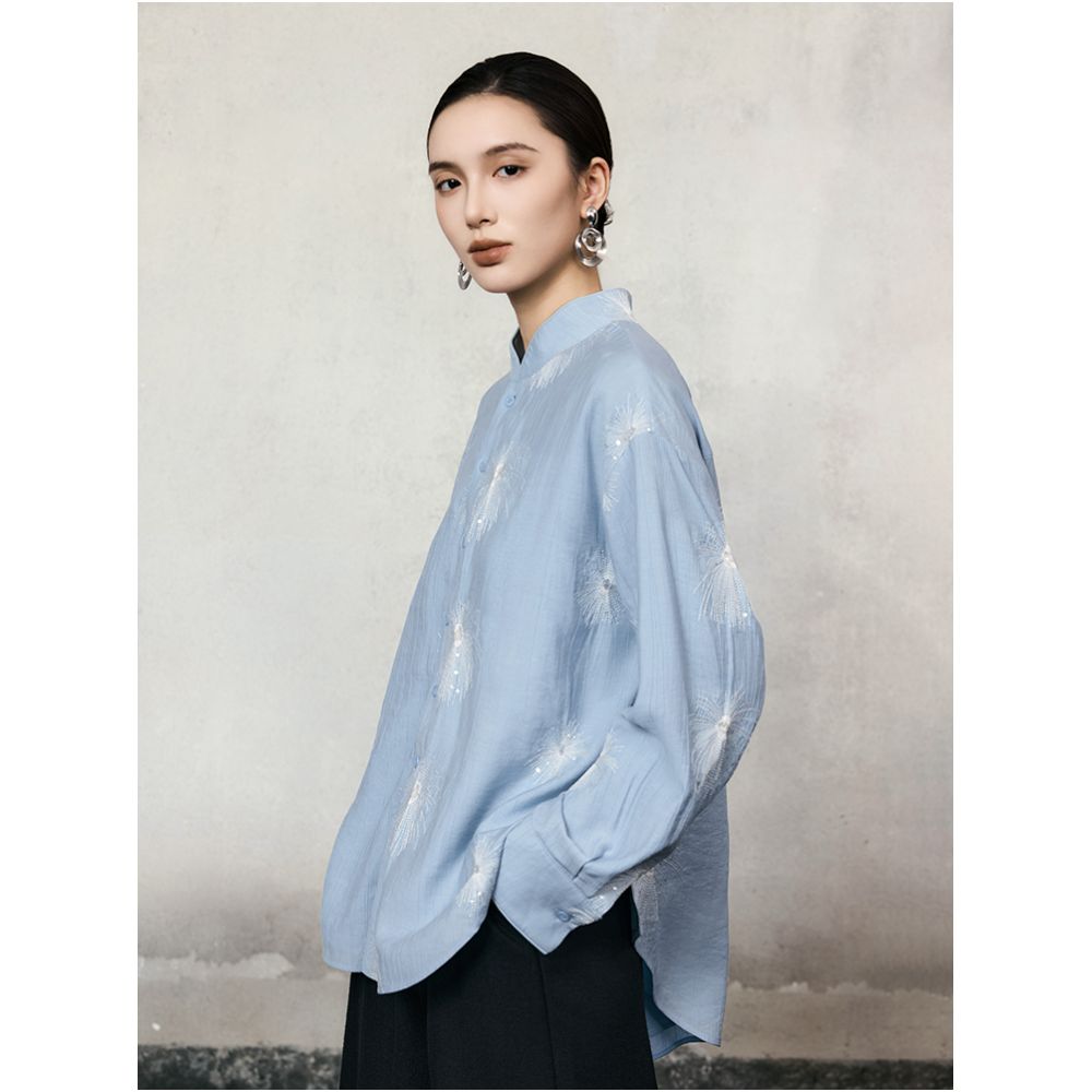 HECO Xingluo New Chinese Embroidered Flower Comfortable Cotton Long sleeved Shirt Women s Autumn and Winter Style Stand up Collar Shirt image 4