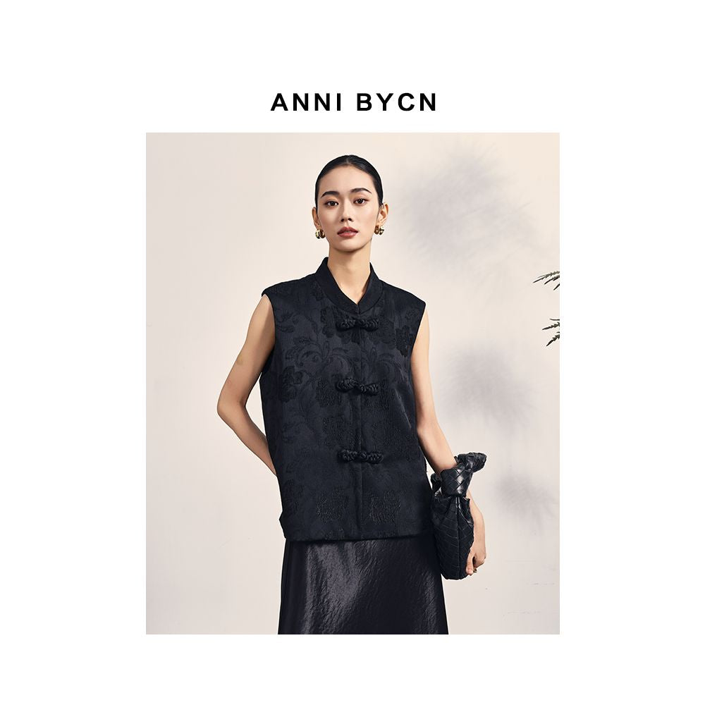 Annibycn New Chinese Style Black Vest Women s Spring and Autumn Female Temperament Standing Collar Jacquard Buckle Top image 8