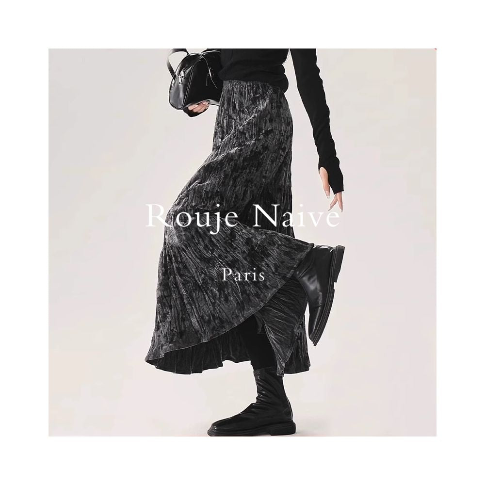 Rouje Naive texture pleated velvet skirt for women new autumn and winter thick slimming A line pleated umbrella skirt image 1