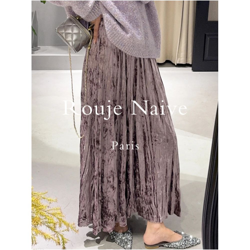 Rouje Naive Ice Flower Hundred Fold Velvet Half Skirt 2025 Autumn Mid to Long Style Stylish and Thin High end A line Skirt image 1