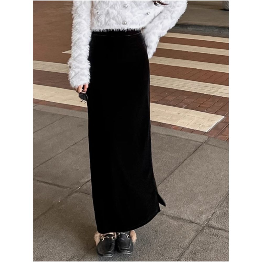 Rouje Naive Gold Velvet Half length Skirt Women s Long Skirt New Autumn and Winter High Waist Drop Feel Split Straight Tube Skirt image 3