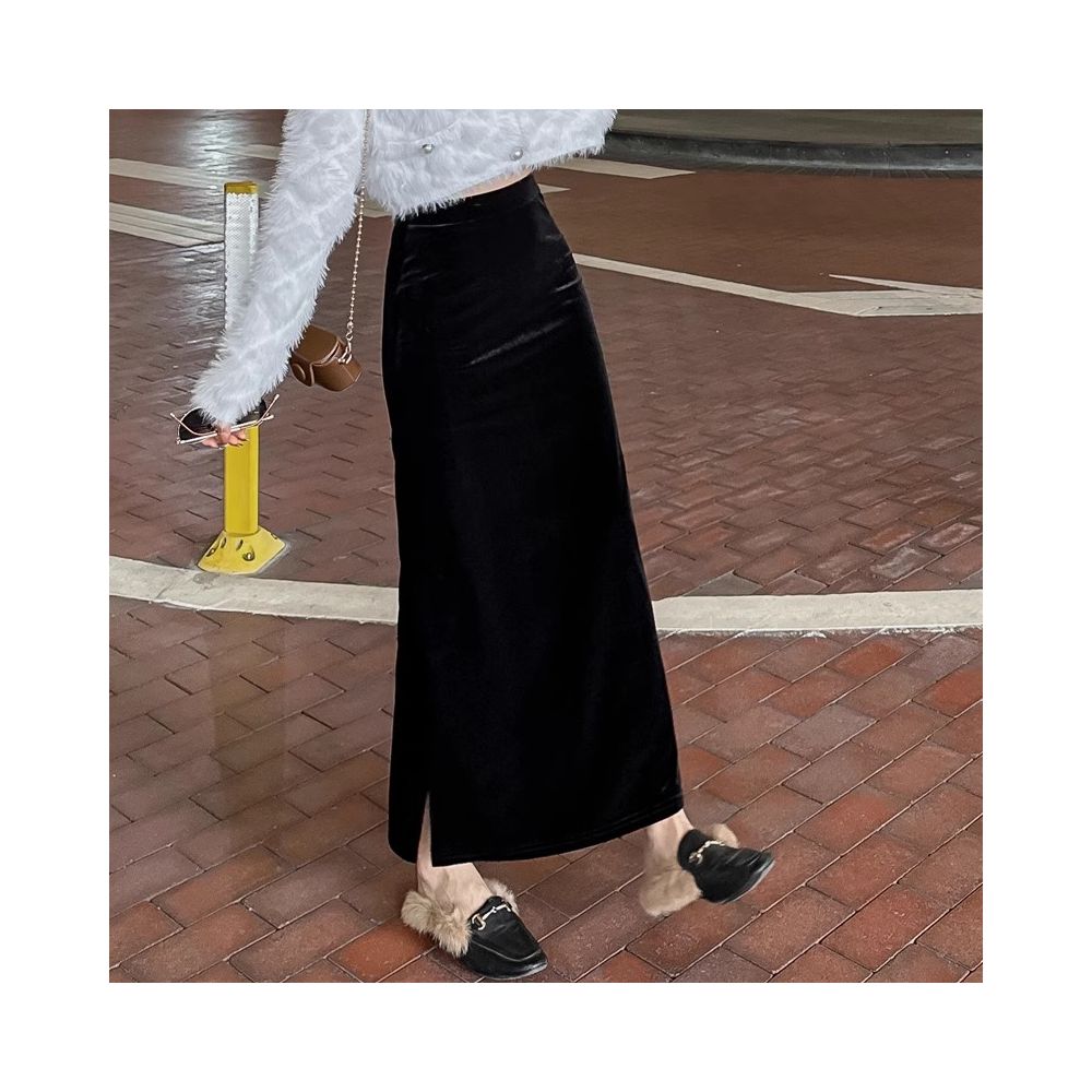 Rouje Naive Gold Velvet Half length Skirt Women s Long Skirt New Autumn and Winter High Waist Drop Feel Split Straight Tube Skirt image 11