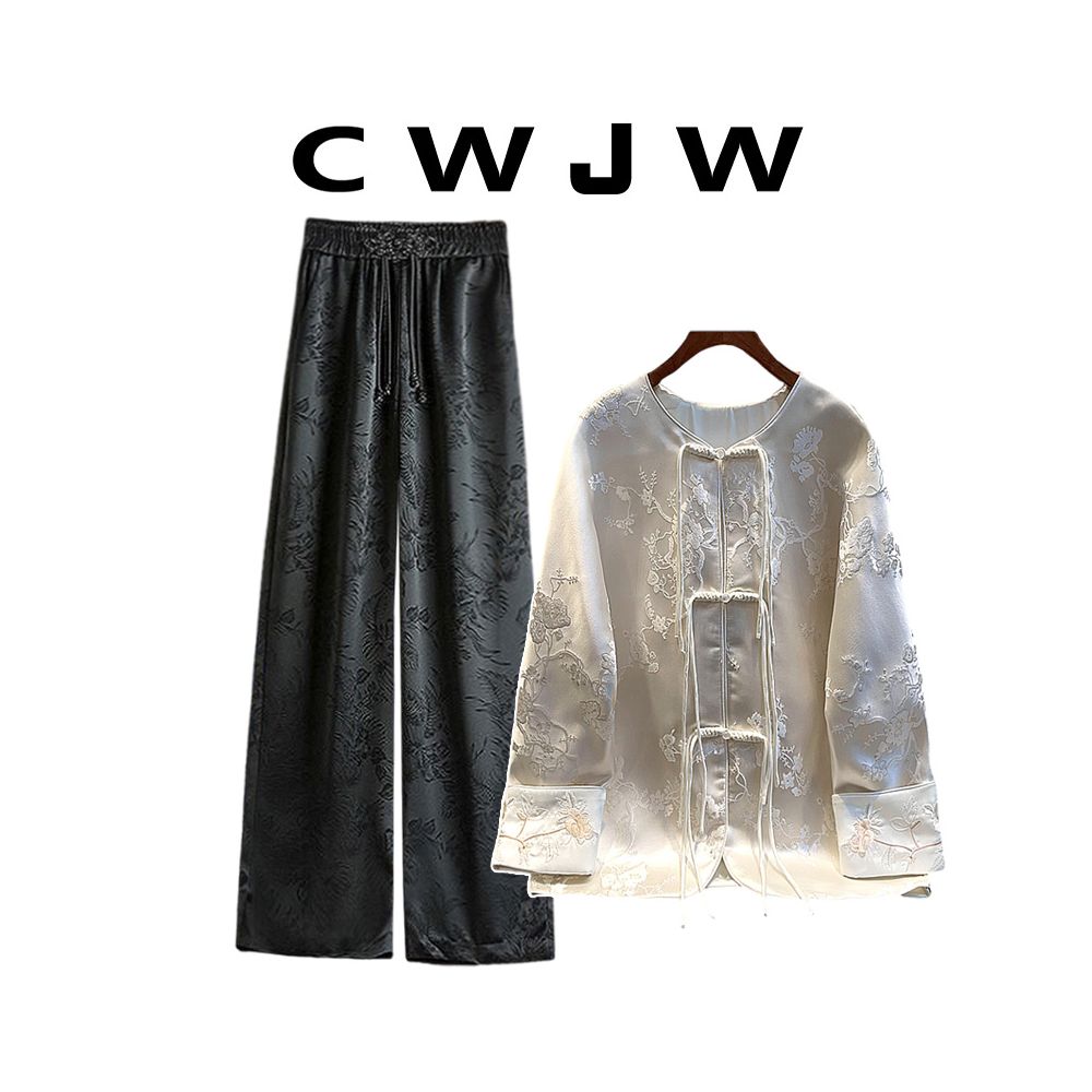 Spot two piece women s loose 25 autumn white jacket new Chinese style hanging wide leg pants image 9