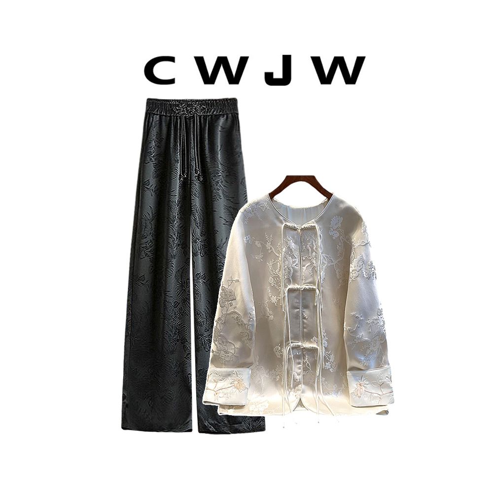 Spot two piece women s loose 25 autumn white jacket new Chinese style hanging wide leg pants image 11