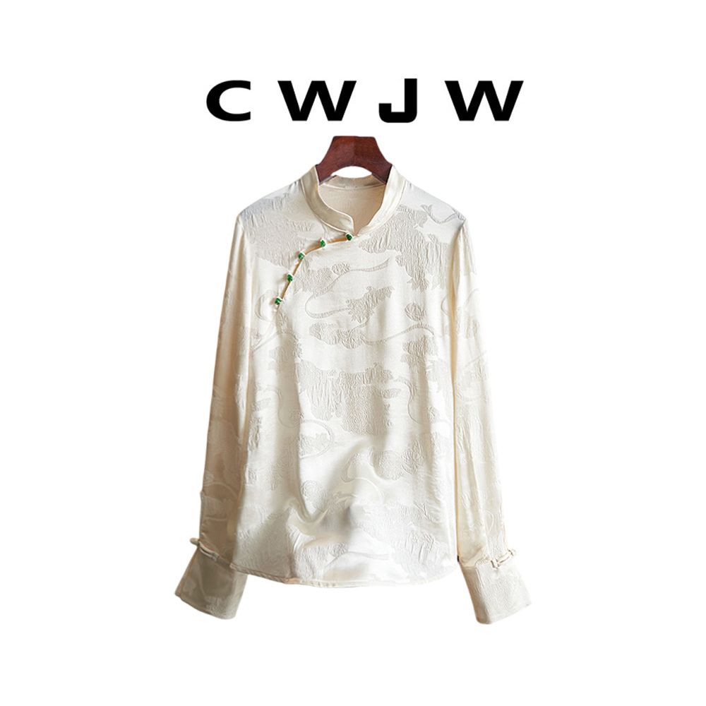 Spot two piece set of women s loose spring and autumn style slanted placket shirt new Chinese style hanging wide leg pants set image 9