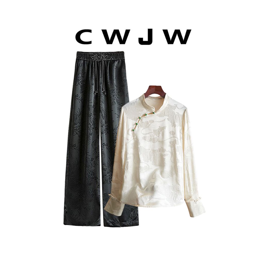 Spot two piece set of women s loose spring and autumn style slanted placket shirt new Chinese style hanging wide leg pants set image 20