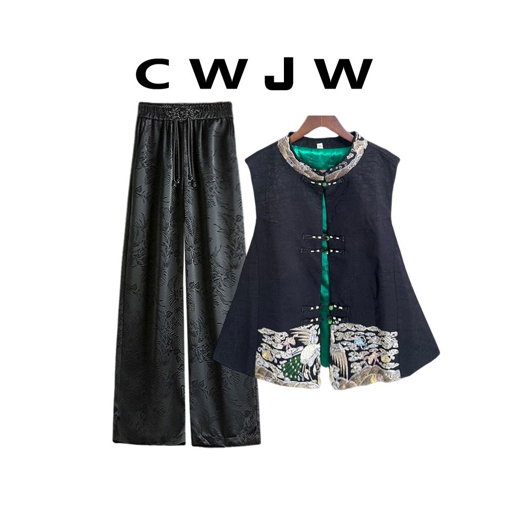 Spot two piece women s loose autumn and winter Chinese style cracked vest new Chinese style hanging wide leg pants set image 11