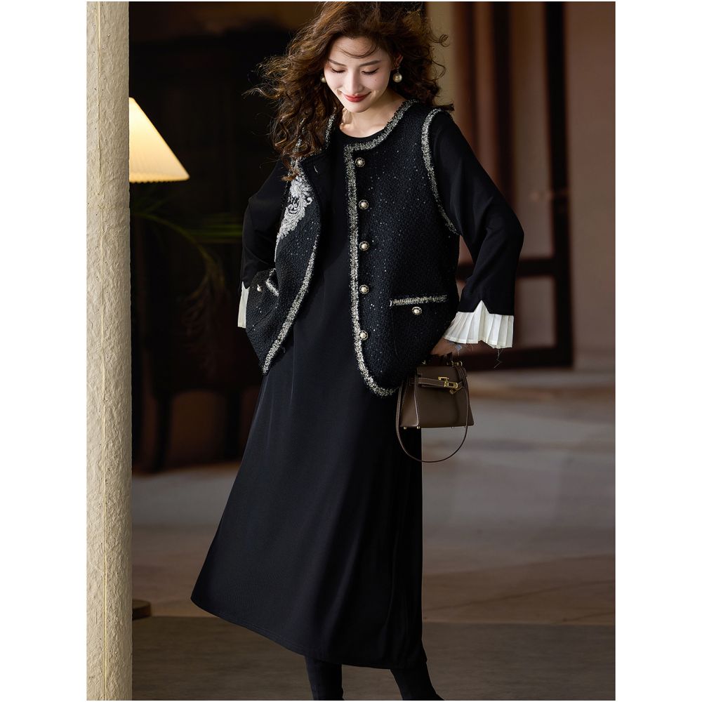 ASAYA5277 – Noir Enchanté Pearl-Tweed Dress Set 🖤✨
