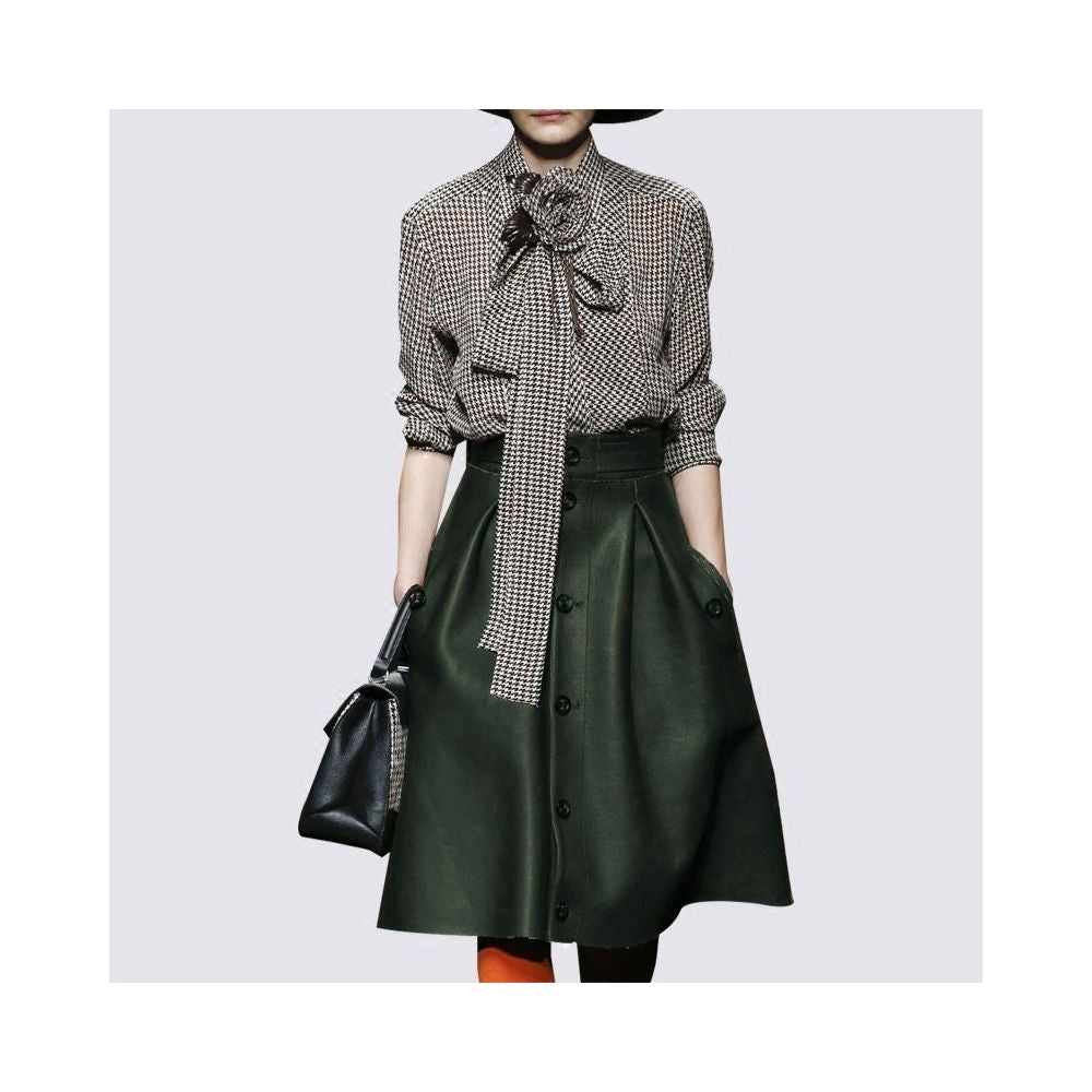 Fashion Set New Women s Bow Thousand Bird Checkered Shirt Women s Long Sleeve Shirt European Top Leather Skirt Two Piece Set image 17