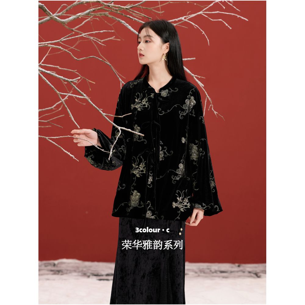 Three color sunset melting gold 2025 autumn and winter new style new Chinese velvet jacket lantern sleeve top women s C image 1