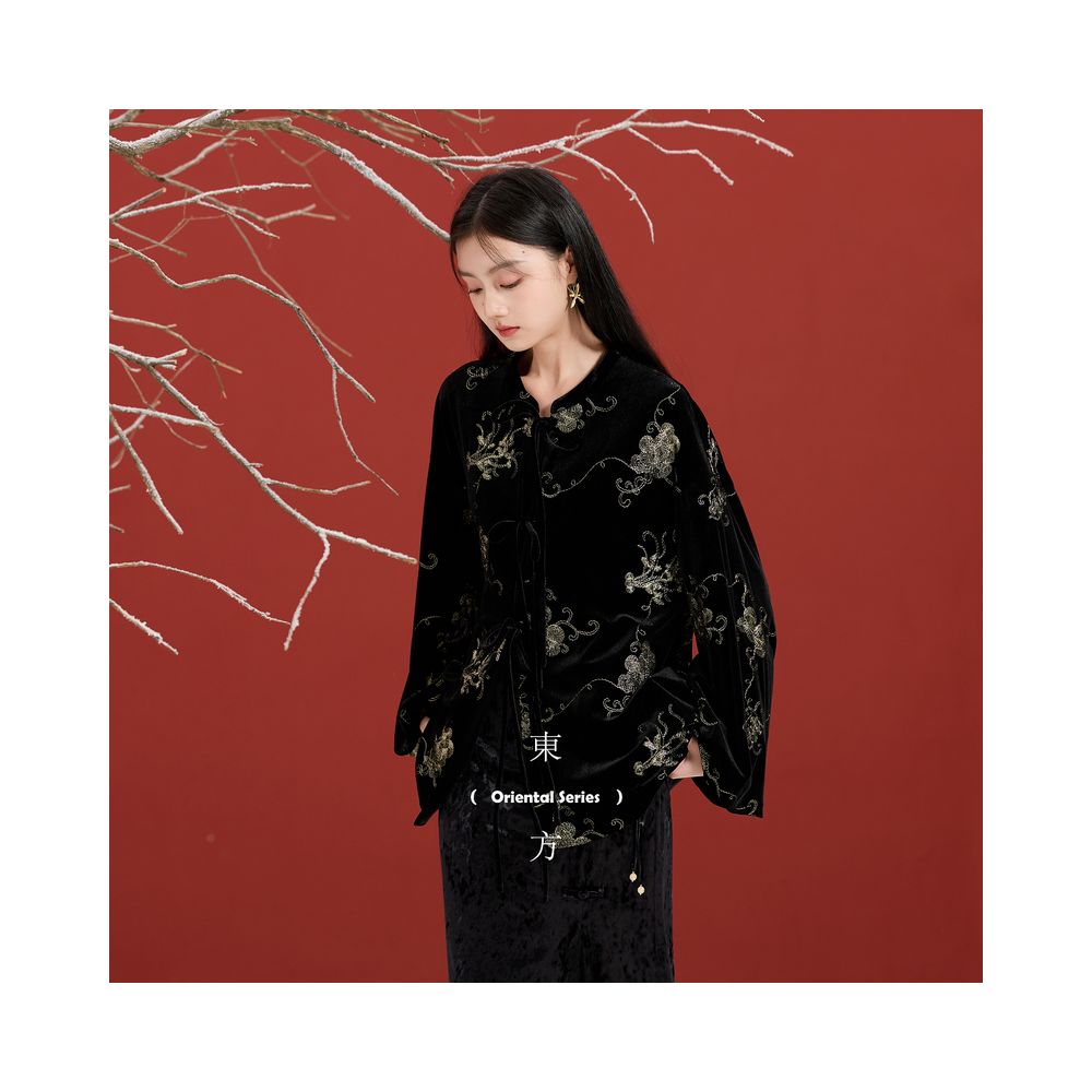 Three color sunset melting gold 2025 autumn and winter new style new Chinese velvet jacket lantern sleeve top women s C image 8