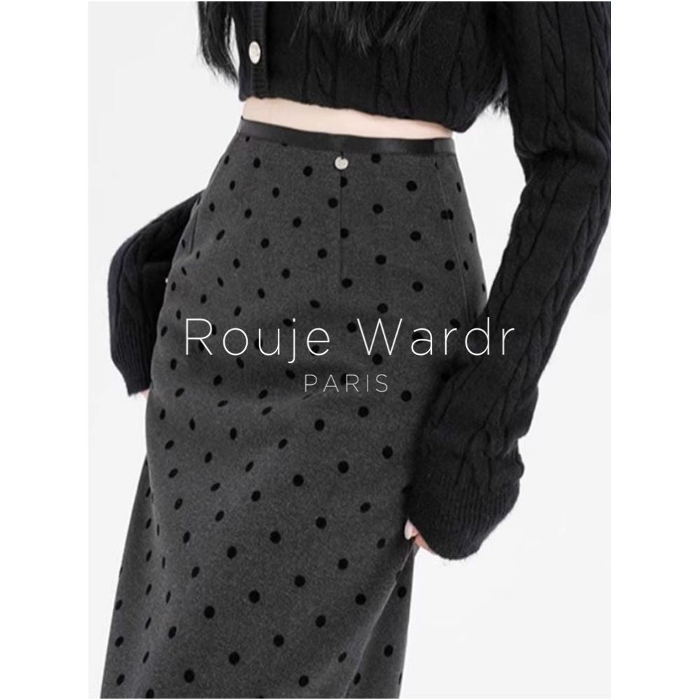 Rouje Wardr French polka dot woolen midi skirt for women in autumn and winter with a slit and a shape to wrap the hips and thicken the straight tube long skirt image 0