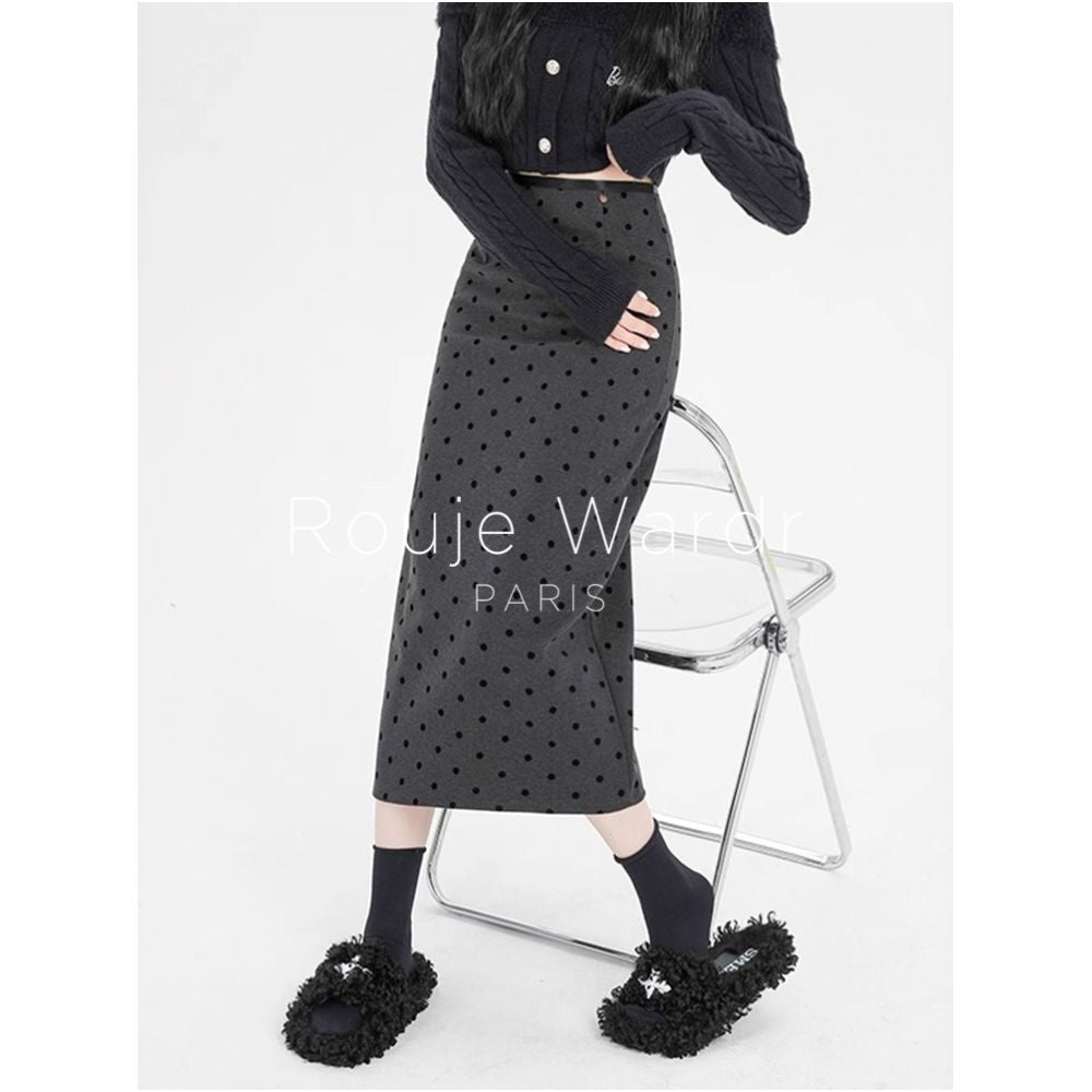Rouje Wardr French polka dot woolen midi skirt for women in autumn and winter with a slit and a shape to wrap the hips and thicken the straight tube long skirt image 1