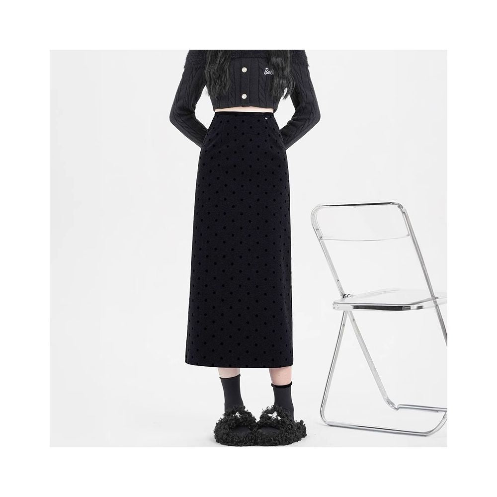 Rouje Wardr French polka dot woolen midi skirt for women in autumn and winter with a slit and a shape to wrap the hips and thicken the straight tube long skirt image 6