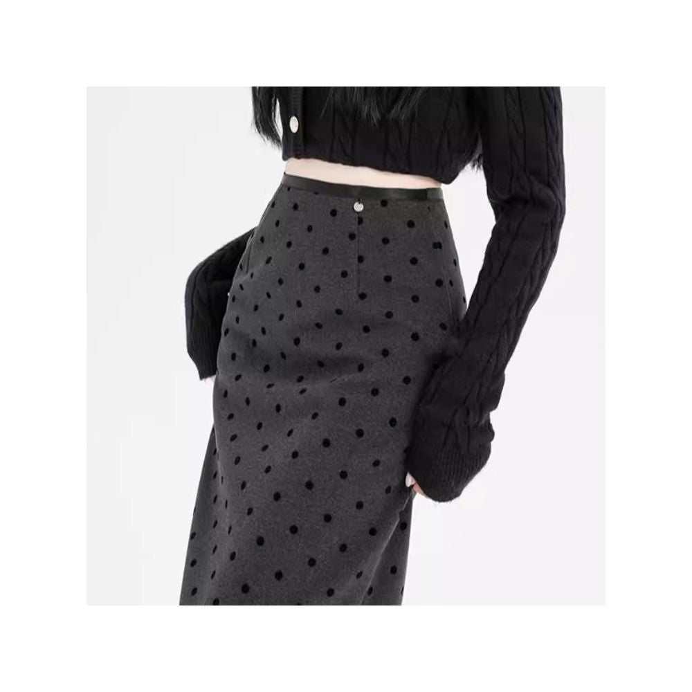 Rouje Wardr French polka dot woolen midi skirt for women in autumn and winter with a slit and a shape to wrap the hips and thicken the straight tube long skirt image 12