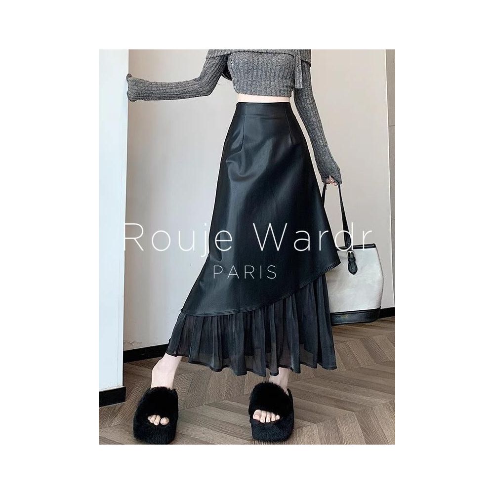 Rouje Wardr French style high end patchwork skirt women s autumn and winter design leather skirt A line fish tail long skirt image 4