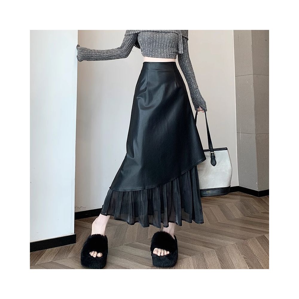 Rouje Wardr French style high end patchwork skirt women s autumn and winter design leather skirt A line fish tail long skirt image 7