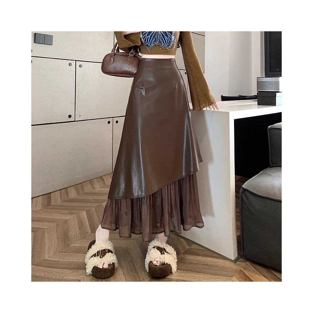Rouje Wardr French style high end patchwork skirt women s autumn and winter design leather skirt A line fish tail long skirt image 12