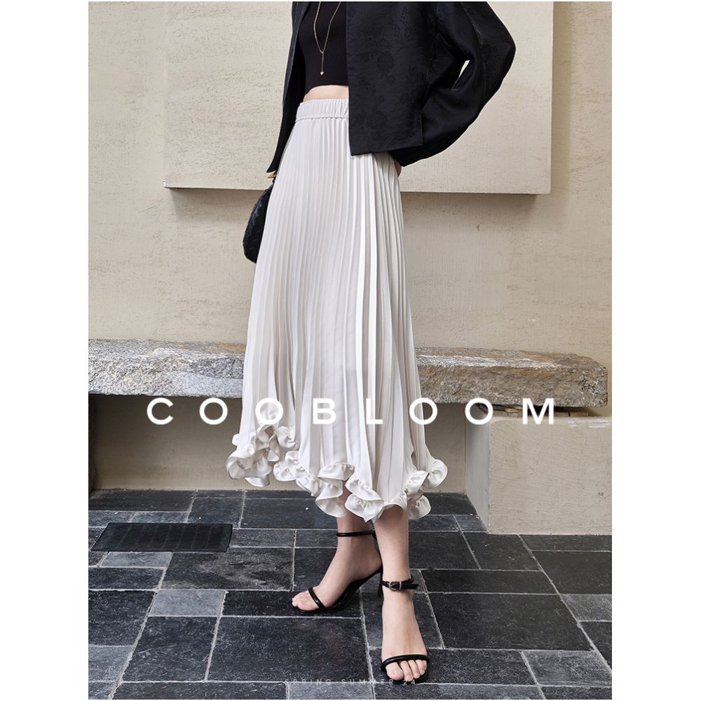 COOBLOOM White petal skirt temperament mid length skirt with pleated skirt for women 2025 summer new A line skirt image 0