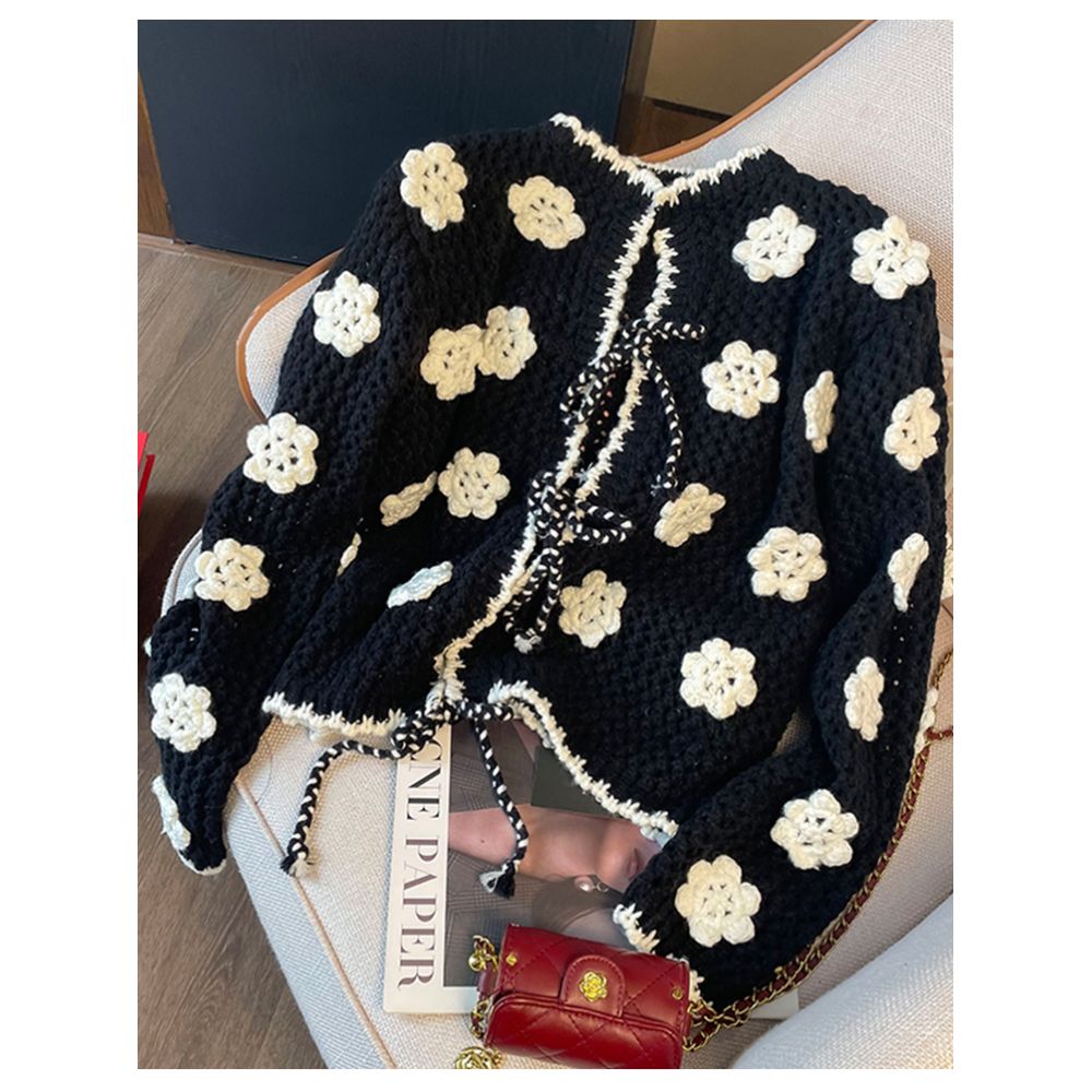 European heavy industry wool lace up hollow hook flower cardigan jacket 2025 spring new black and white contrasting woven sweater image 0