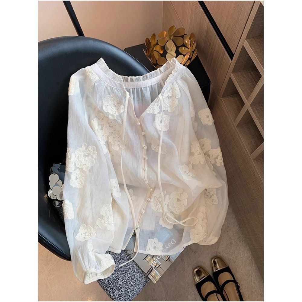 ASAYA5409 – Blooming Pearl Sheer Blouse 🌿🤍